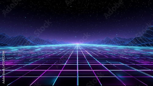 Explore a digital landscape of neon grids and starry skies at an imaginary horizon of vibrant colors and futuristic vibes