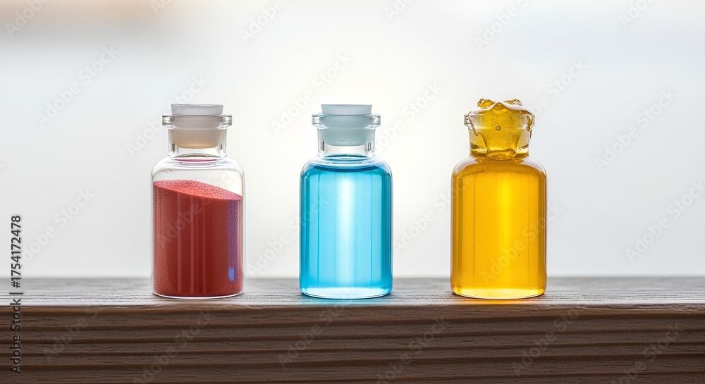 Fototapeta Elegant colorful liquids in glass bottles create a modern science vibe, perfect for pharmaceutical, cosmetic, or health-related projects needing a vibrant edge