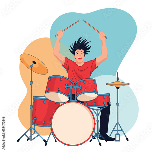 An energetic young man enthusiastically plays a red drum set.