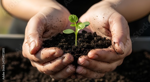 Nurturing a delicate green sprout in cupped hands, symbolizing growth, new beginnings, and hopeful future potential.