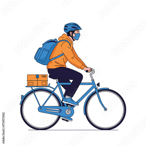 A delivery person rides a bicycle with packages on the back wearing a mask.