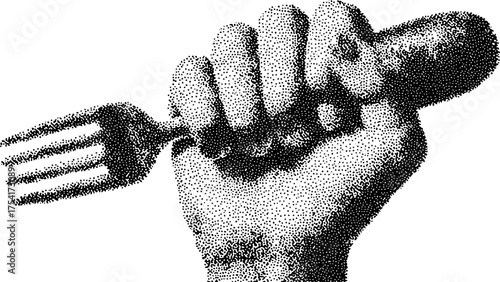 Hand holding a fork in a black outline drawing style. This vintage engraving illustration features a classic kitchen tool in vector format.