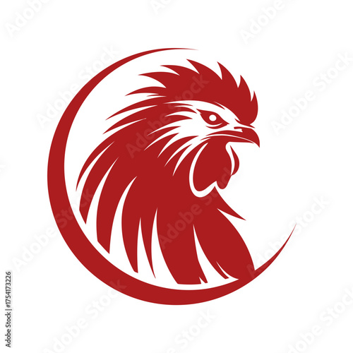 Bold red rooster head graphic vector logo design, fierce farm animal symbol within a circular shape, strong poultry illustration.