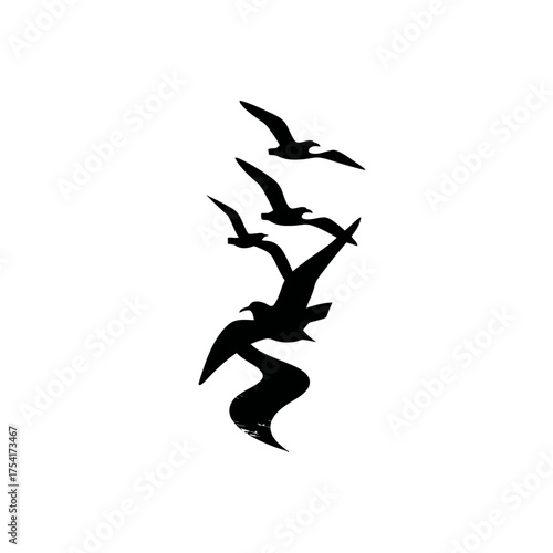 Black silhouette of a flock of birds flying upwards, minimalist graphic design element, freedom and migration concept.