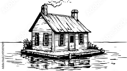 Vintage wooden house on water with chimney. A simple, retro-style outline vector illustration representing a serene retreat set.