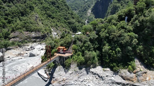 Aerial view of Xiangde Temple and the beautiful entrance bridge in Taroko National Park, Hualien county district, Taiwan
