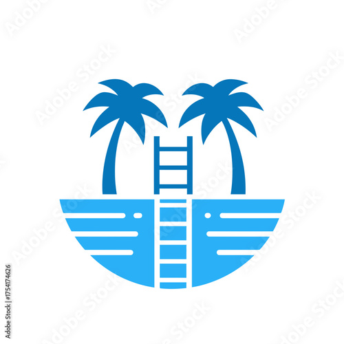 Tropical island escape icon with two palm trees and a ladder descending into blue water, symbolizing summer vacation and leisure.