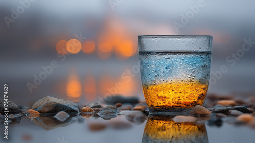 Contaminated drinking water in a glass surrounded by stones highlights pollution issue in local environment