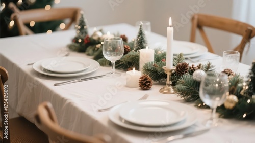 The Christmas table is beautifully arranged, matched with Christmas trees and other decorations, creating a warm and joyful festive atmosphere.
