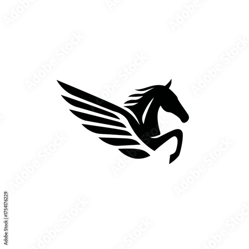 Majestic black winged horse silhouette graphic. Rearing mythological Pegasus symbol representing power, freedom, and strength on white.