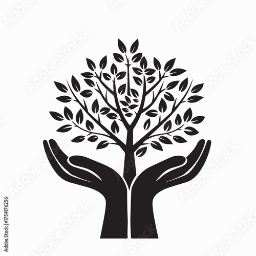 Human Hands Holding Tree with Leaves Logo Vector on white background