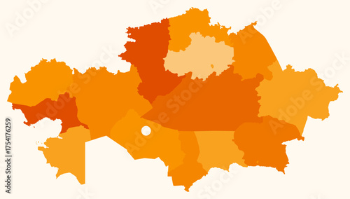 Map of Kazakhstan with regions. Just a simple country border map with region division. Orange color palette. Blank Republic of Kazakhstan shape with administrative division. Vector illustration.