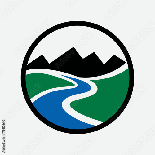 Stylized circular icon of a natural landscape with black mountains, a winding blue river, and green fields, symbolizing nature and adventure.