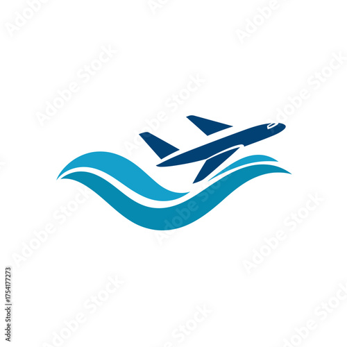 Abstract airplane flying over blue ocean waves, modern vector icon for travel, tourism, aviation, and vacation concepts.