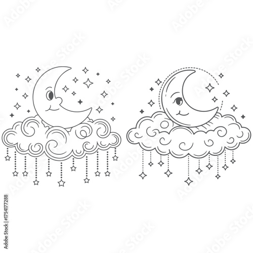 Crescent Moon Resting on Clouds with Hanging Stars
