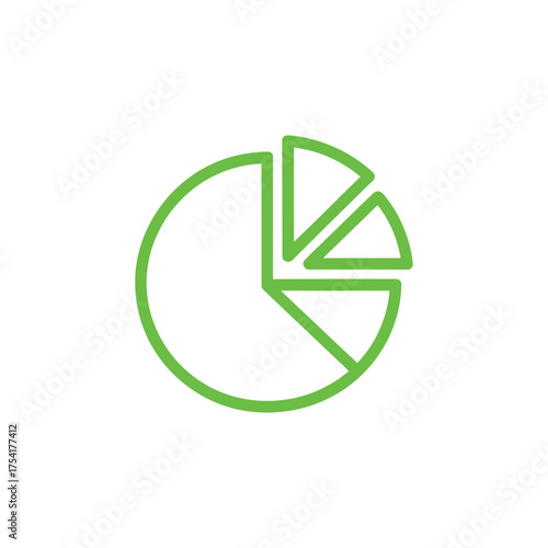 Green outline pie chart icon representing statistical data and financial information on a white background