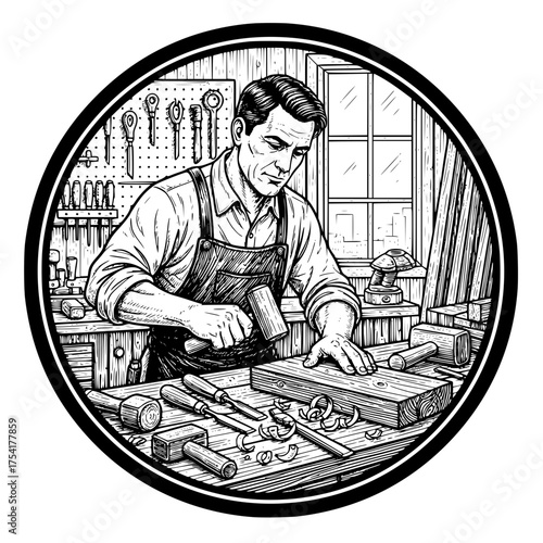 Intricate woodworker crafting masterpiece with hammer and chisel, evoking vintage craftsmanship, perfect for artisanal brands and woodworking businesses