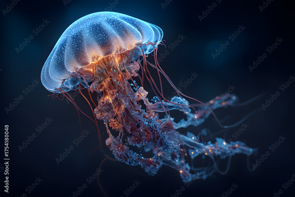 Fototapeta premium glitching holographic jellyfish with flowing biolight trails in vibrant purple and cyan tones