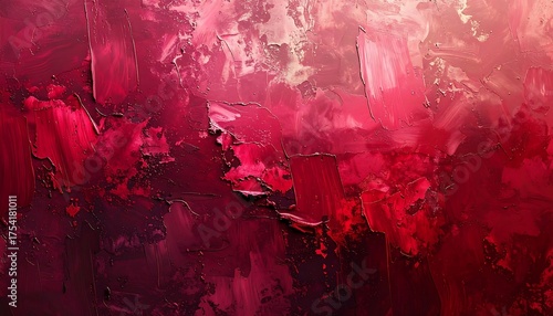 Abstract close-up of a textured artwork featuring vibrant shades of red and pink hues with brush strokes