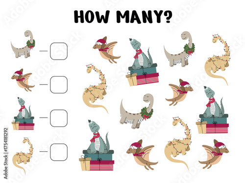 Christmas-themed dinosaur counting worksheet for kids featuring festive dinosaurs with Santa hats, gifts, candy canes, socks, and antlers for preschool math practice