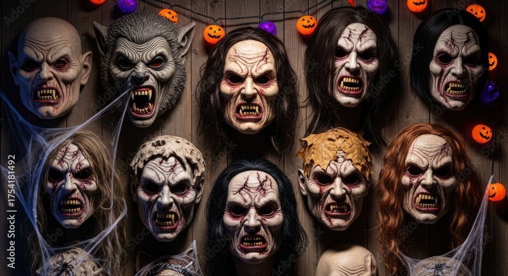 Fototapeta premium Halloween Masks Displayed Spookily Against Dark Background.