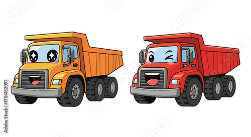 2 Smiling Dump Trucks Cartoon Vector Style on White Background