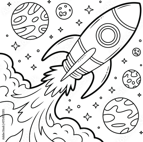 kids rocket and space coloring page, ready for use