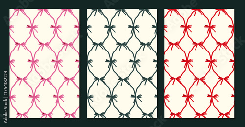 CHRISTMAS BOW SEAMLESS PATTERN SET – ELEGANT HOLIDAY RIBBON BACKGROUNDS IN RED, GREEN AND PINK FOR WRAPPING PAPER AND FESTIVE DESIGN