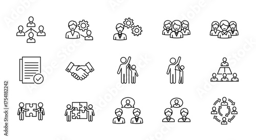 Business management line icon set. Vector symbols for teamwork, collaboration, and corporate strategy. Icons for leadership, partnership, agreement, and organization chart.