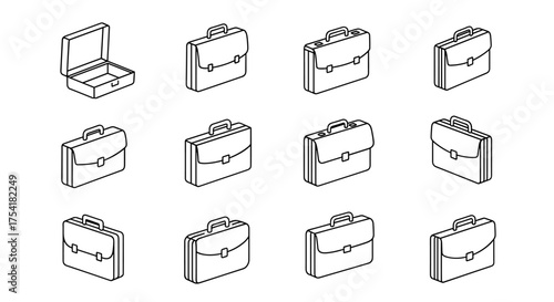 Briefcase icon set isometric line art. Business portfolio bag symbol. Corporate work case collection. Lawyer diplomat accessory. Finance document holder outline vector.