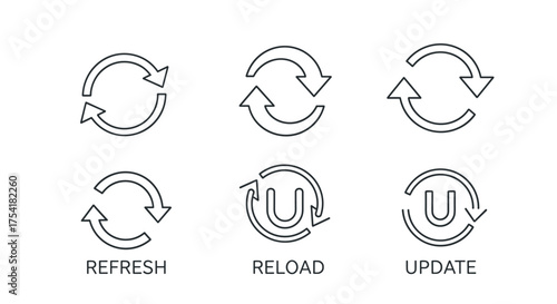Refresh, reload, update line icon set. Circular arrow symbols for web interface design. Vector illustration of synchronization, restart, and data renewal process buttons.