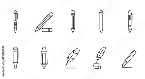 Pen and pencil line icon set. Writing and drawing tools collection. Vector graphic symbols for office, school, and stationery. Includes fountain pen, quill, marker, and highlighter.