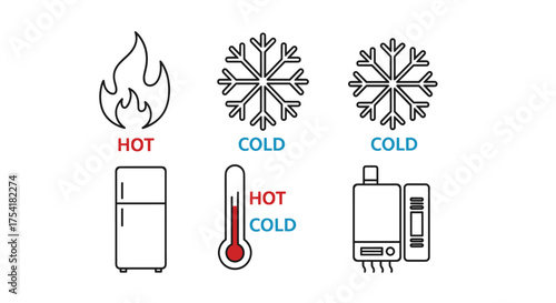 Hot and cold icon set. Temperature control symbols. Line art vector of flame, snowflake, thermometer, refrigerator, water heater. HVAC heating and cooling climate signs.