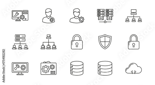 IT support and system administration line icons set. Network administrator, server database, data security, cloud computing technology. Computer repair, user settings concepts.