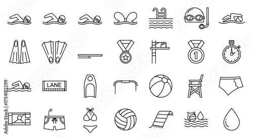Swimming icons. Water sports linear symbols collection. Pool swimmer, competition medal, stopwatch. Training equipment. Swimsuit, flippers, goggles. Summer vacation, beach activity.