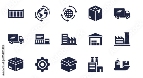 Logistics and shipping vector icons. Global delivery, factory, warehouse, package, cargo truck, transport symbol. Supply chain, industry, shipment concepts for business, e-commerce.