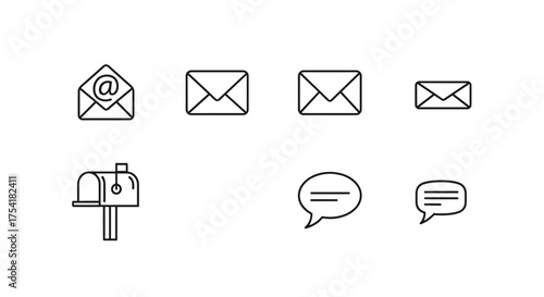 Mail and message icon set. Communication symbols. Vector line art. Email, envelope, letter, mailbox, chat bubble. Dialogue, talk, post, notification. Minimalist outline design.