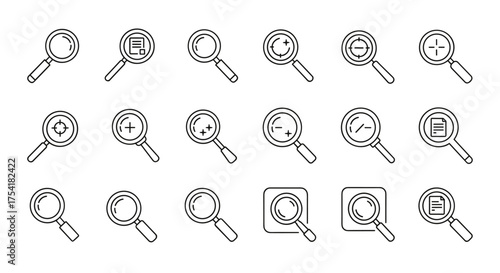 Search icon collection. Magnifying glass thin line symbols. Zoom in, zoom out, find document, target, focus. Vector pictograms for UI, web, and app design. Data analysis.