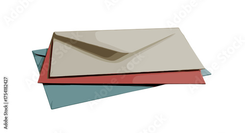 Three colorful envelopes stacked on a white background. Mail, correspondence, and communication concept. Blank letter mockup for invitations, greetings, or business messages.