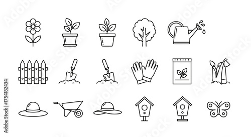 Gardening and horticulture line icon set. Collection of vector symbols for garden work, spring planting. Includes flower, plant, tree, watering can, shovel, seeds, wheelbarrow.