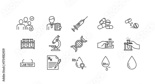 Medical and laboratory icon set. Clinical trial, patient selection, DNA analysis, blood type, Rh factor. Prescription drugs, pharmacy, pills, vaccine. Science line icons.