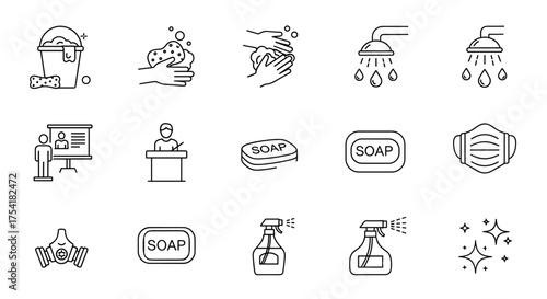 Hygiene and personal protective equipment icons set, cleaning, washing hands, soap, shower, disinfectant spray, respirator, face mask, safety, sanitation, public health, cleanliness concept