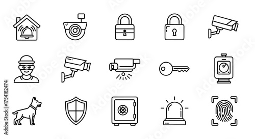 Security and protection system outline icon set. Home safety, surveillance, and access control concepts. Vector icons of CCTV camera, burglar, alarm, lock, safe, guard dog.