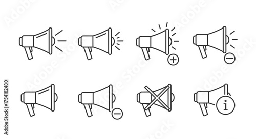 Megaphone loudspeaker bullhorn icon set vector collection. Sound volume control audio speaker announcement broadcast communication marketing promotion silence mute