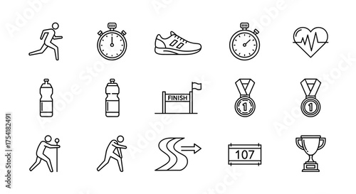 Running and marathon line icon set. Runner, sport, fitness and competition symbols. Vector icons for race, training, cardio, and healthy lifestyle. Finish, medal, trophy.