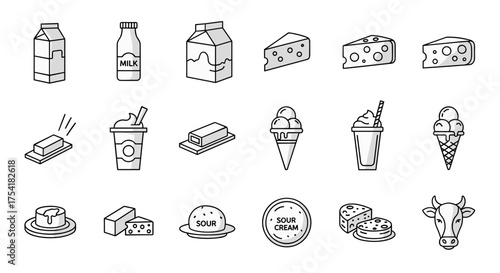 Dairy products line icon set. Milk, cheese, butter, ice cream, sour cream vector illustrations. Farm food outline graphic symbols for web design, menu, packaging.