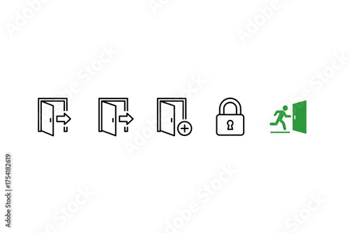 Door icon set for web and app interface. Vector symbols for login, logout, register, and user access. Includes open door, exit sign with running person, plus and security padlock.