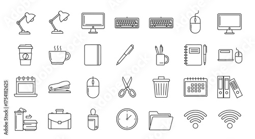 Office and business essentials line icons set. Vector collection of workspace elements for productivity. Includes computer, keyboard, mouse, lamp, coffee, calendar, stationery.