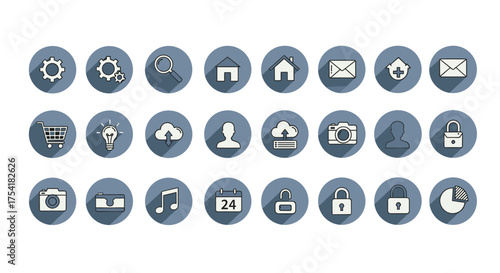 Modern Flat Long Shadow Icons Set. UI User Interface Symbols for Settings, Search, Home, Email, Shopping Cart, Cloud Upload, Profile, Camera, Music, Calendar, Security Locks, Folder