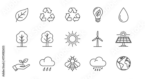 Ecology line icon set. Environment, renewable energy, and sustainability symbols. Green concept for nature conservation, climate change. Vector leaf, recycle, solar, wind power.